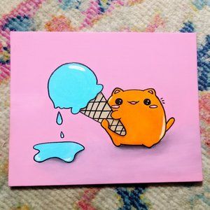 Kawaii Cat Chibi Pastel Ice Cream Original Painting 8x10